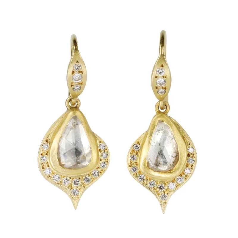 22K and 18K Gold White Sapphire and Diamond "Spade" Earrings