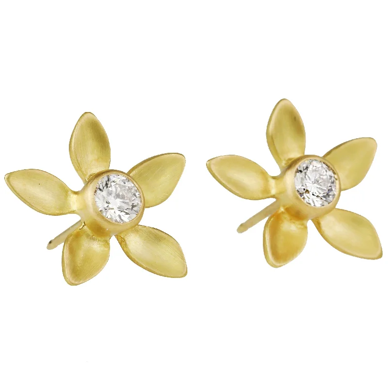 20K Gold Large Five Petal Flower Post Earrings with Diamond Center