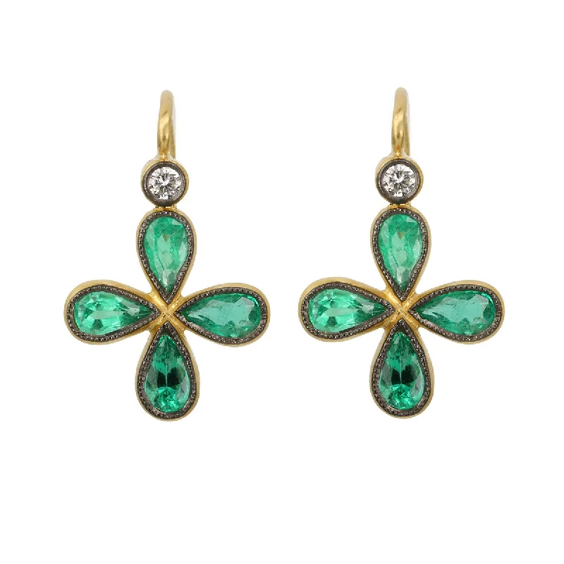 Blackened 22K Gold Bezel-Set Emerald "Star" Earrings with Diamond