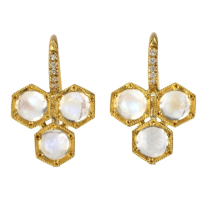 22K Gold Triple Hexagonal Rainbow Moonstone Earrings with Pave Diamond Details