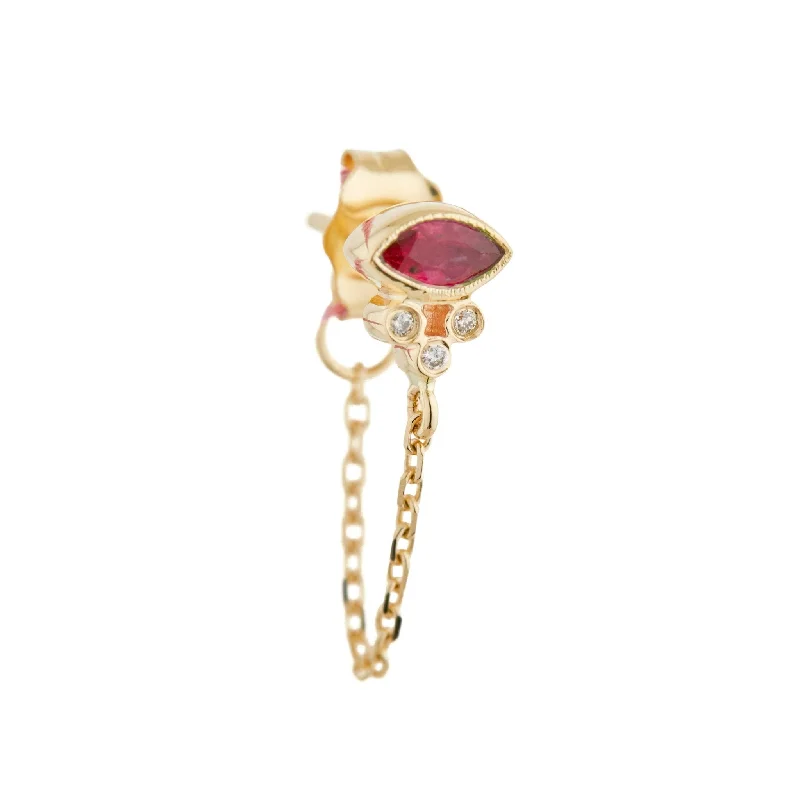 Gold Marquise Bezel-Set Ruby Stud with Diamonds and Chain