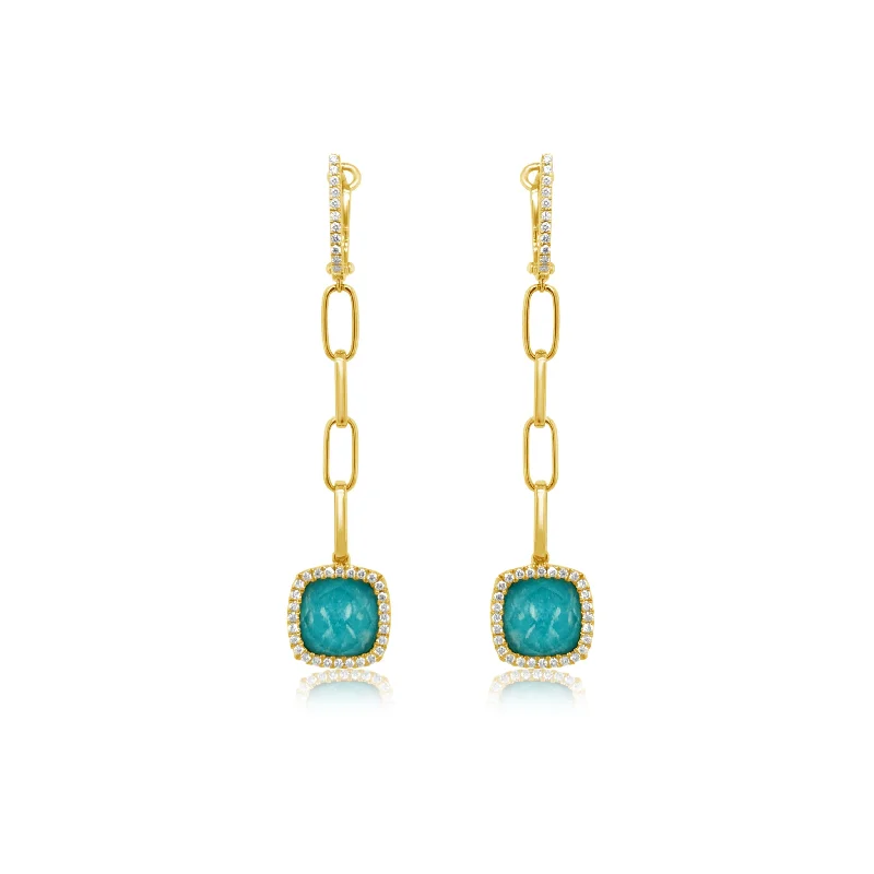 Diamond-Framed Hanging Earrings With Quartz Over Amazonite Center - Doves by Doron Paloma