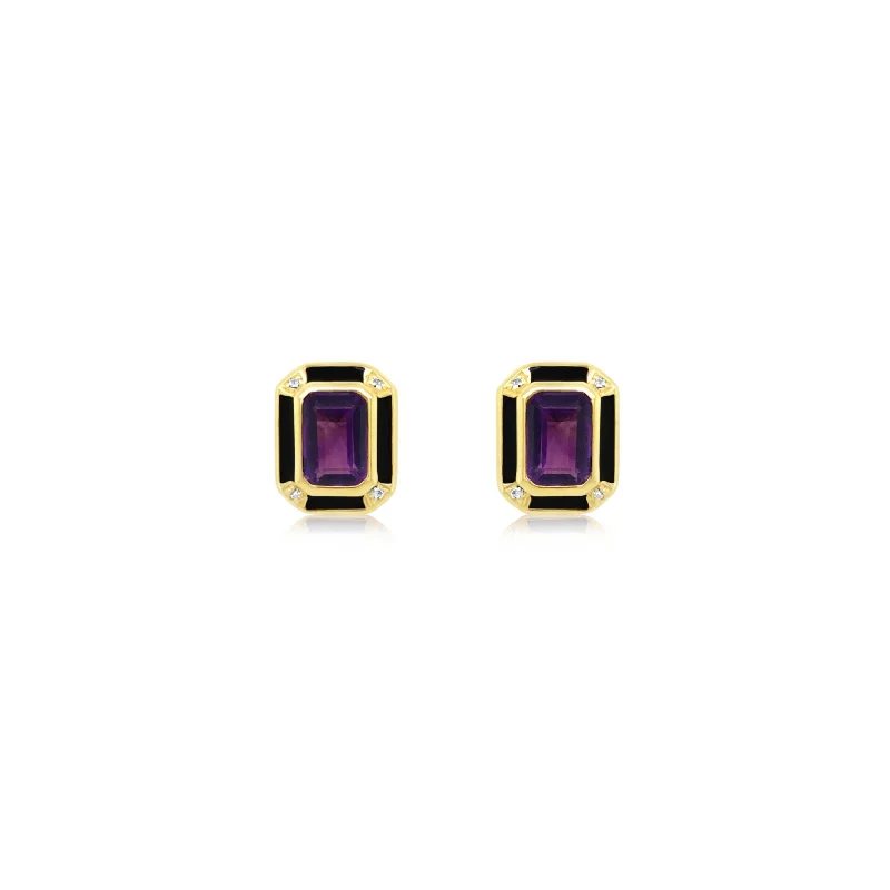 Bezel-Set Purple Amethyst Studs With Diamond and Black Enamel Frame