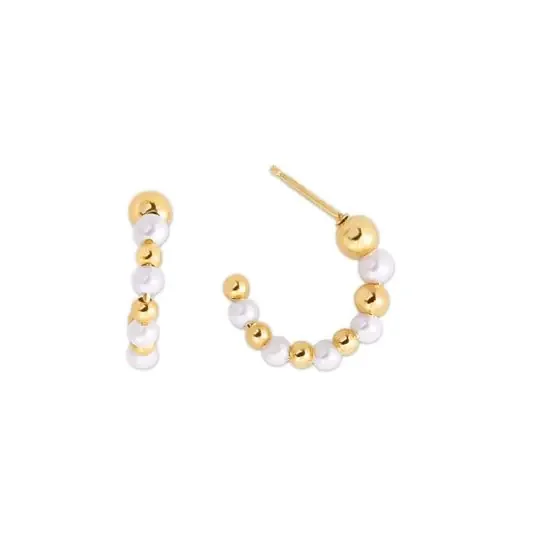 Yellow Gold Bear and Pearl Hoop Earrings