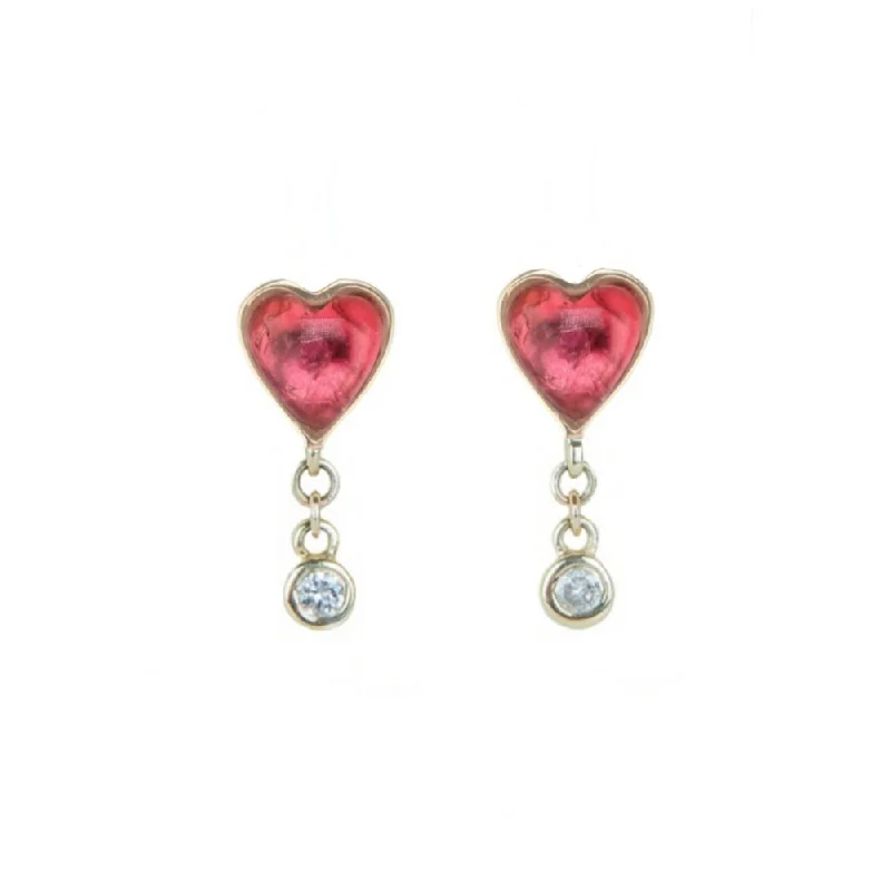 Pink Tourmaline "Byrdie" Heart Studs with Diamond Dangle