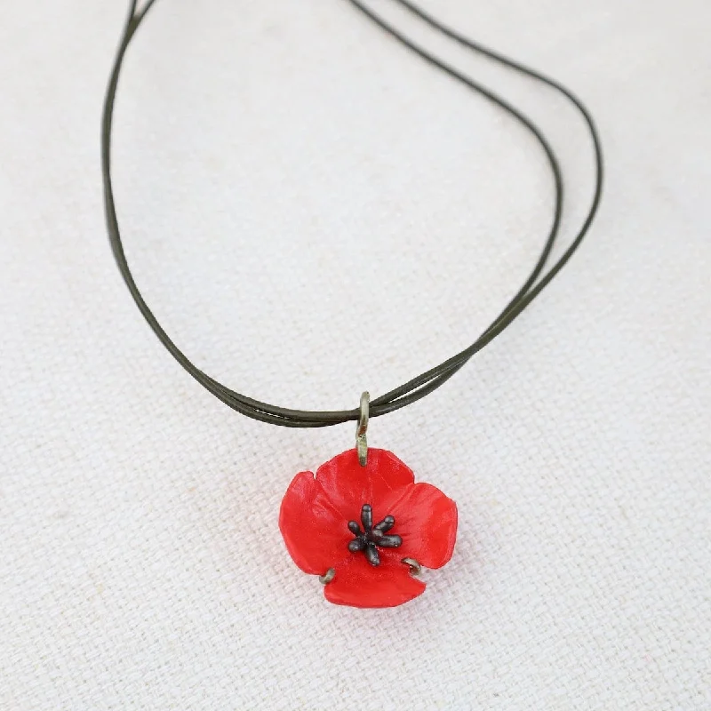 Red Poppy Pendant on Cord Necklace