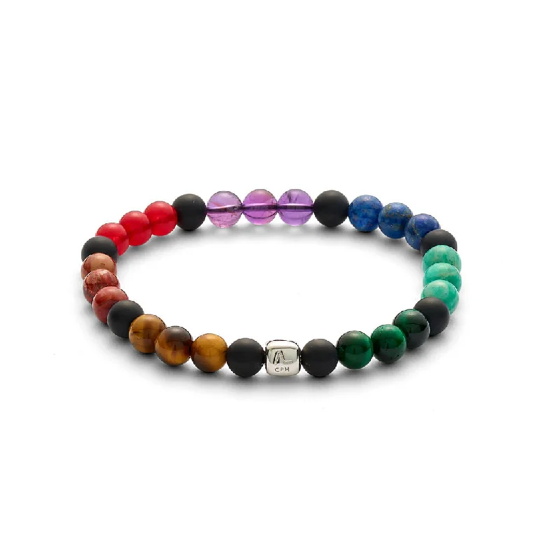 ColorUp Chakra (6mm) Silver Bracelet w. Onyx, Tiger's Eye, Amethyst, & Amazonite