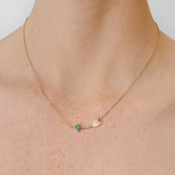 Arrow Bar Necklace - Gold, Turquoise & White Sapphire