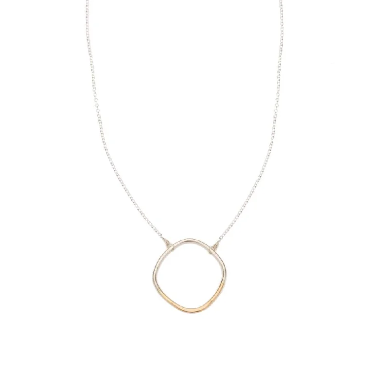 Long Silver & Yellow Gold Rounded Square Necklace