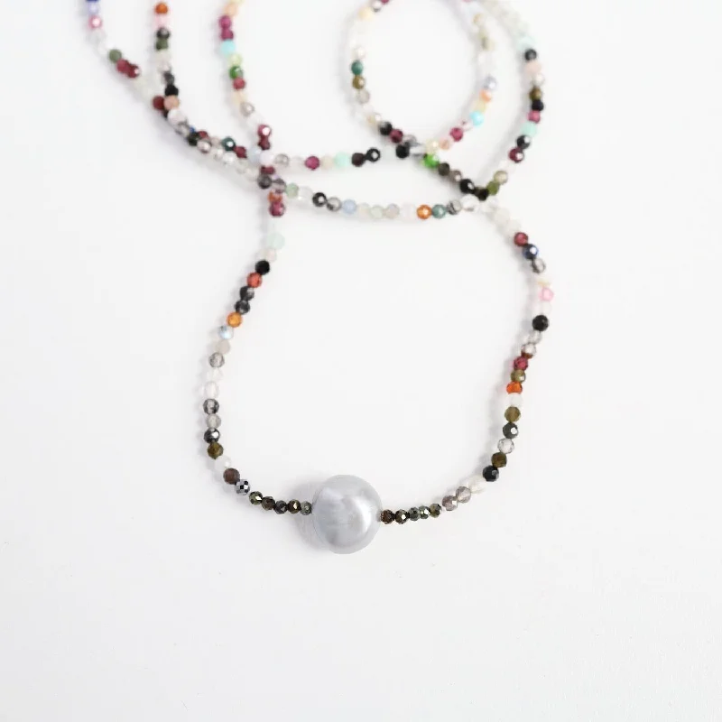 Faceted Multi Stone with Grey Pearl Necklace