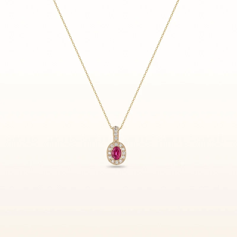 Oval Ruby Pendant with Diamond Halo in 14k Yellow Gold