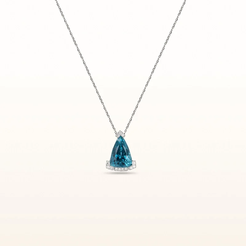 Triangular Blue Zircon Pendant with Diamonds in 14kt White Gold