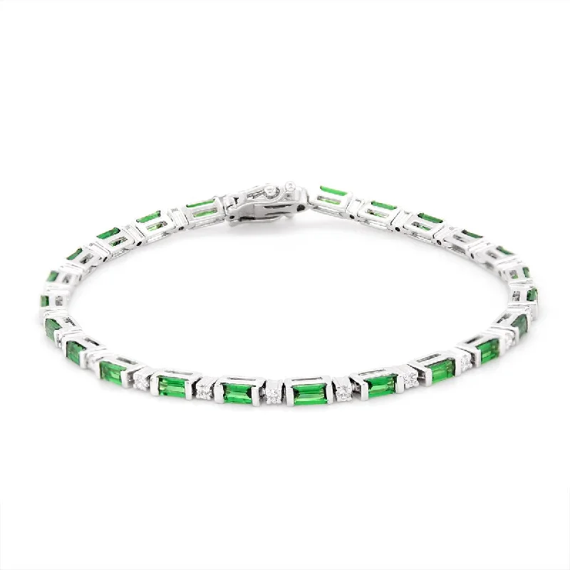 WHITE GOLD BRACELET WITH EMERALD CUT TSAVORITE AND DIAMONDS, .42 CT TW