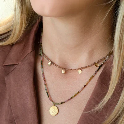 'Wrap' Gemstone Mini Hammered Disc Station Necklace