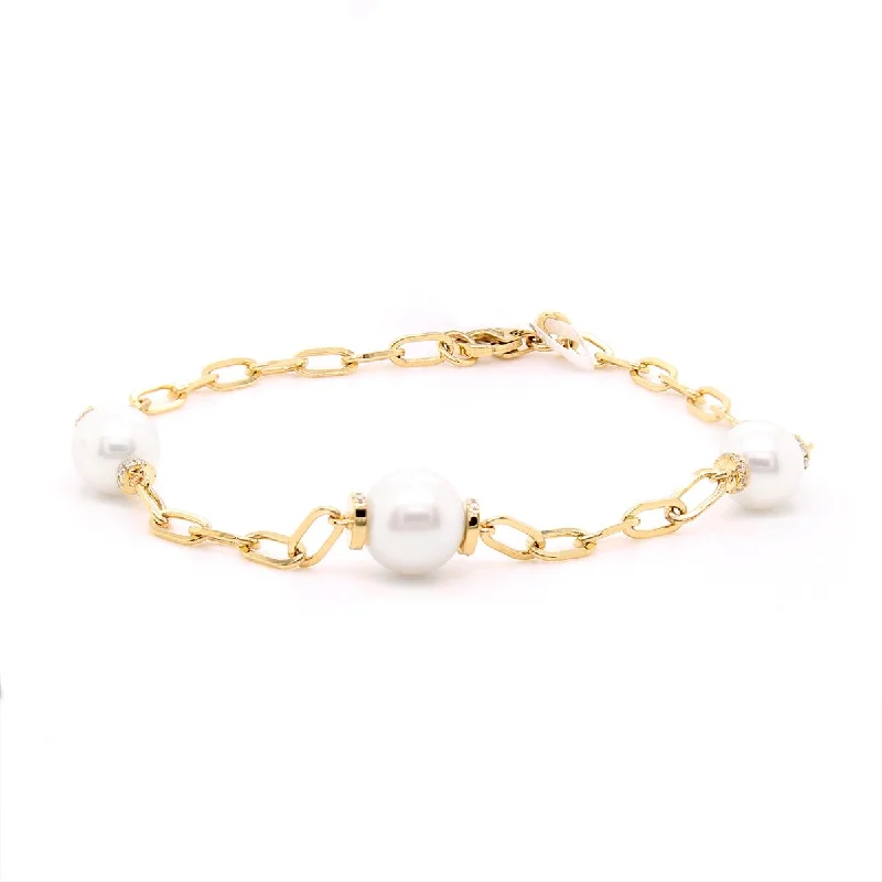 YELLOW GOLD PAPERCLIP FASHION BRACELET WITH PEARLS AND DIAMONDS, .12 CT TW